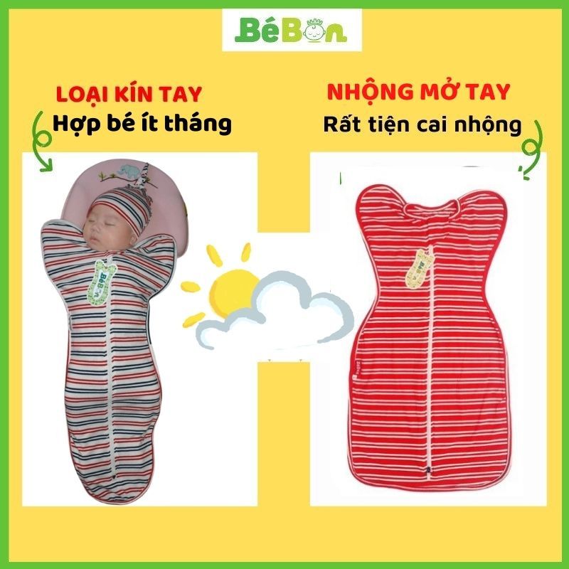 Quấn chũn nhộng chũn cho bé sơ sinh kiểu rộng chân mở tay, kín tay dùng cho giai đoạn cai nhộng ngủ ủ kén cocoon noonon