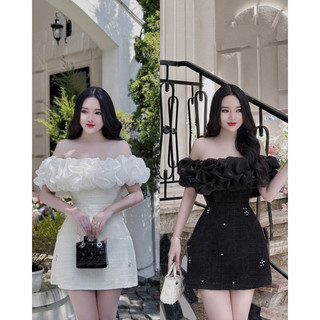 váy dạ phối bèo tơ trễ vai (kem / đen)