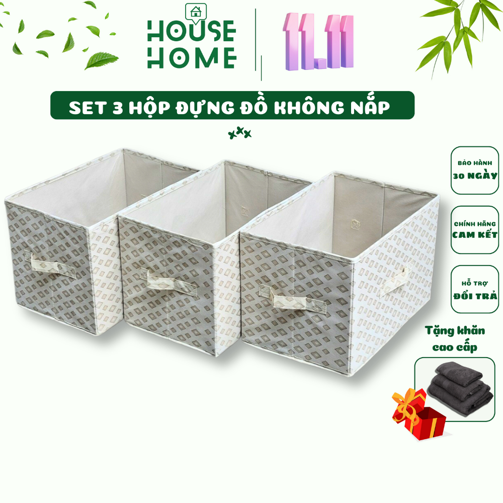 Set 3 Hộp Đựng Đồ Đa Năng Không Nắp, Vải Nonweven Không Xù, Chống Bám Bụi, Dễ Dàng Gấp Gọn, Tiện Lợi - Housetohome
