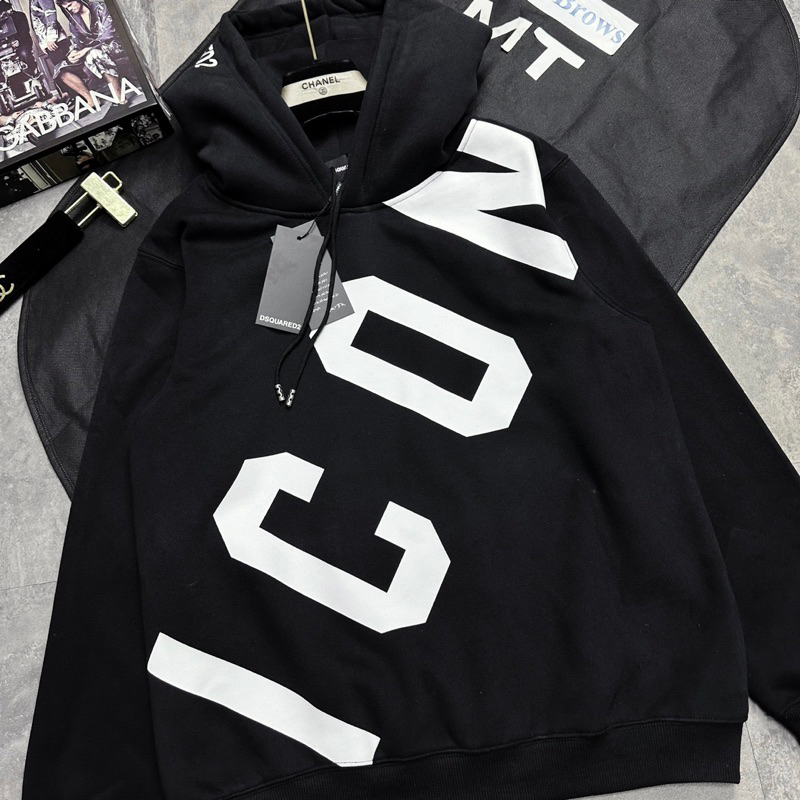 Áo hoodie nam nữ Dsq2 nỉ bông tàu in chữ ICON trắng chéo thân bo ống chun 2 lớp dày dặn cao cấp 2023