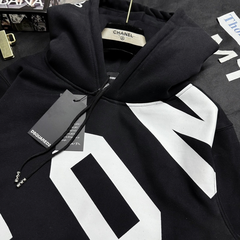 Áo hoodie nam nữ Dsq2 nỉ bông tàu in chữ ICON trắng chéo thân bo ống chun 2 lớp dày dặn cao cấp 2023