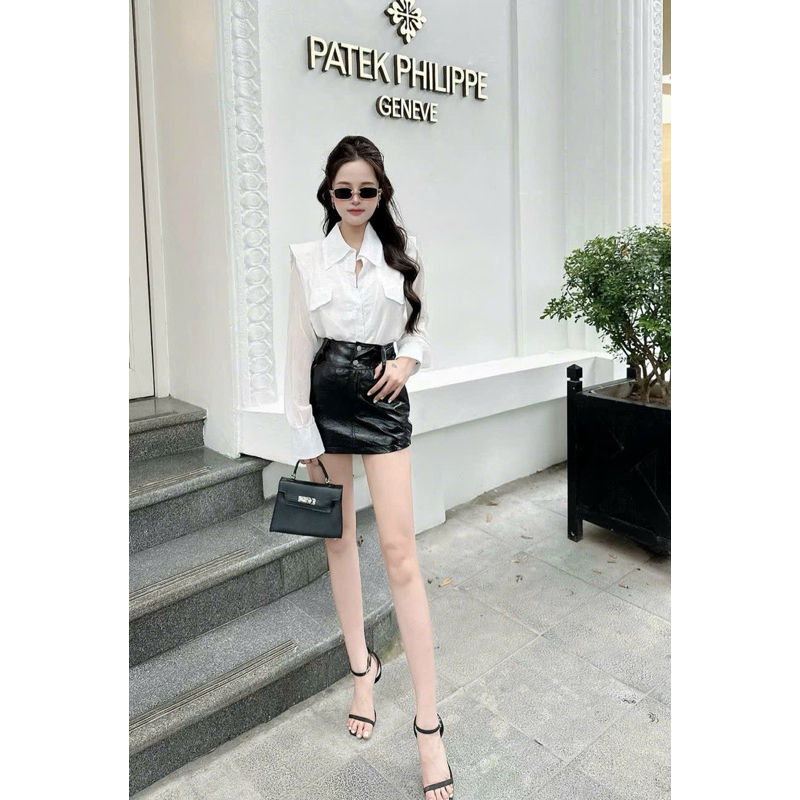 Set sơ mi đính đá chân váy da siêu hot