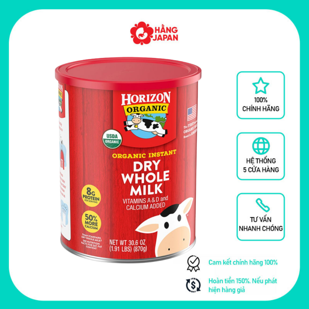 Sữa tươi dạng bột hữu cơ Horizon Organic Whole Milk Mỹ 870g Hàng Chính Hãng