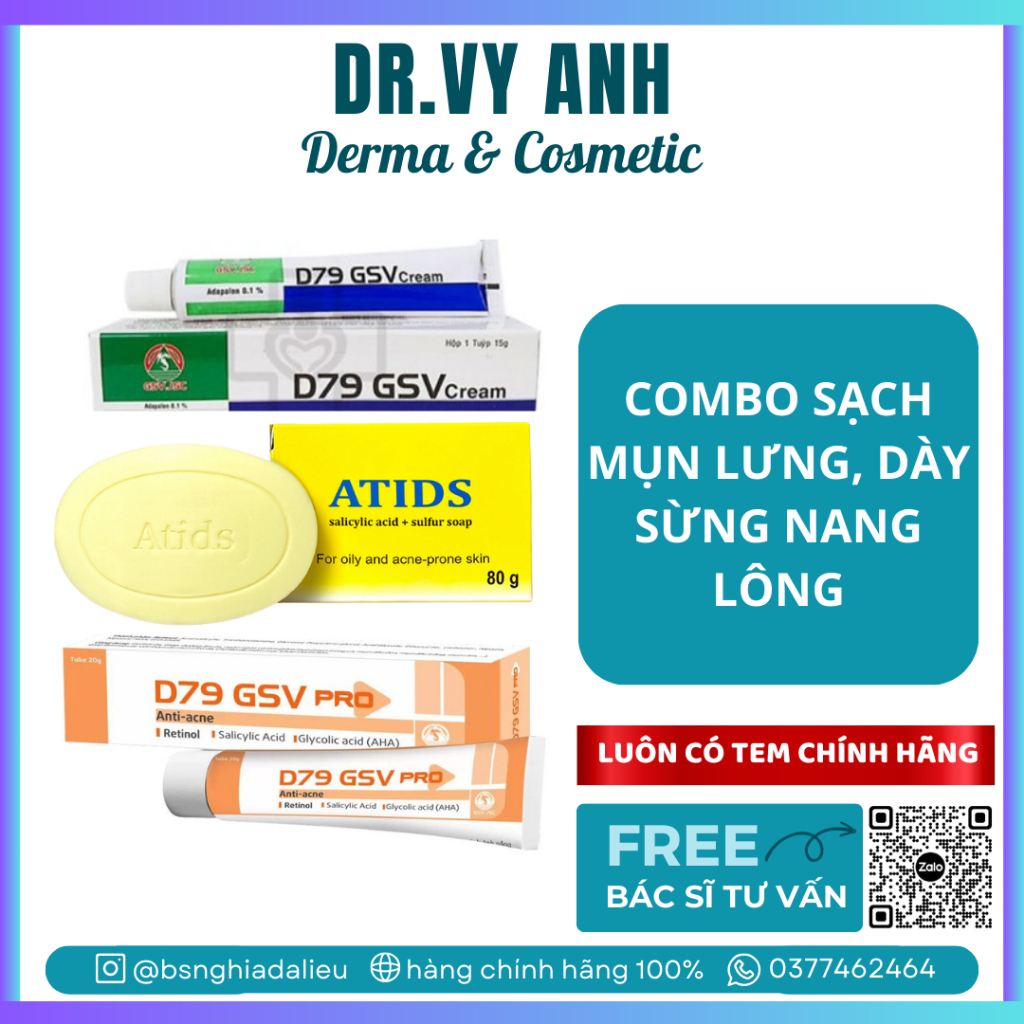 COMBO Xà phòng Atids soap 80g Và kem D79 GSV, D79 PRO giảm thâm, viêm nang lông, dày sừng hiệu quả
