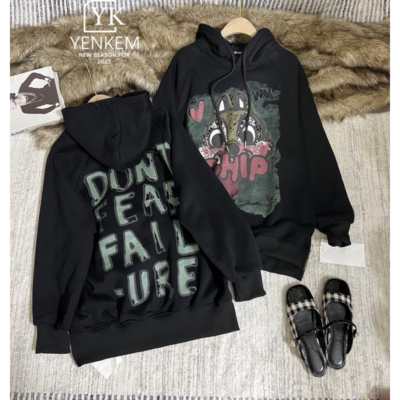 Áo nỉ hoodie khoá hình vịt dáng rộng