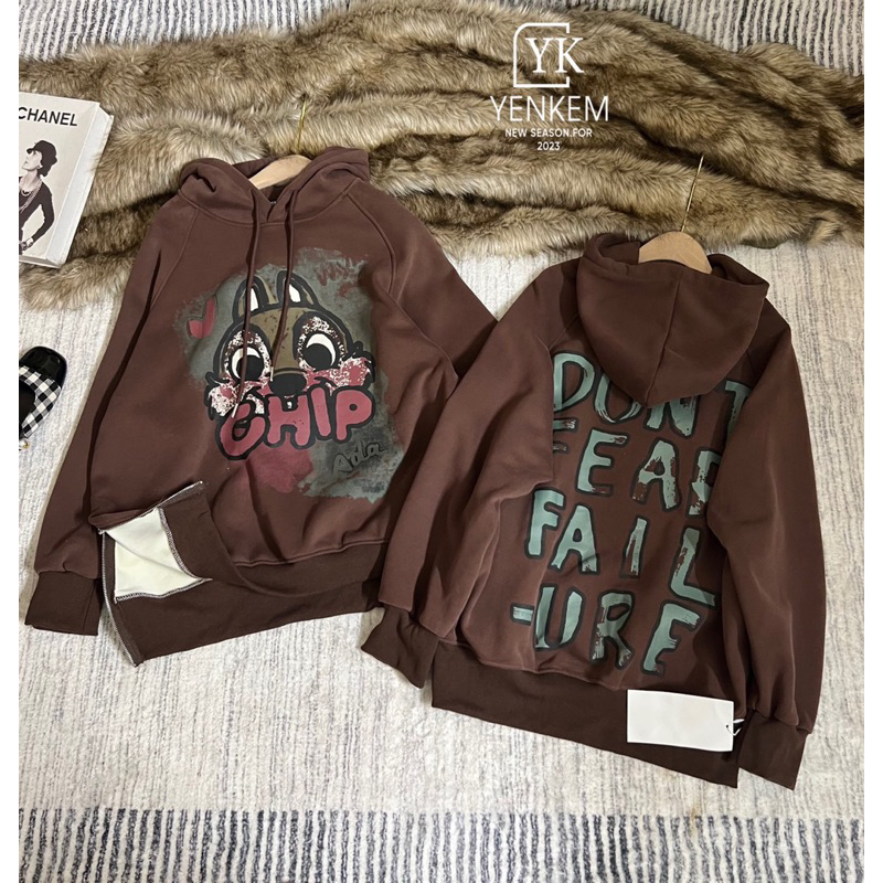 Áo nỉ hoodie khoá hình vịt dáng rộng