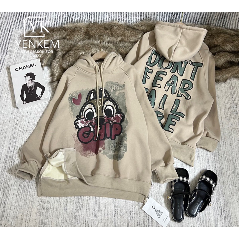 Áo nỉ hoodie khoá hình vịt dáng rộng