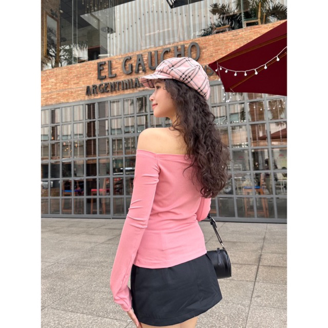 LISA DEROSE LONGSLEVES - Áo thun gân trơn trễ vai hai bên