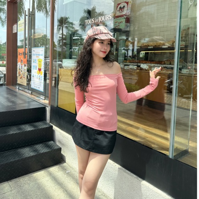 LISA DEROSE LONGSLEVES - Áo thun gân trơn trễ vai hai bên