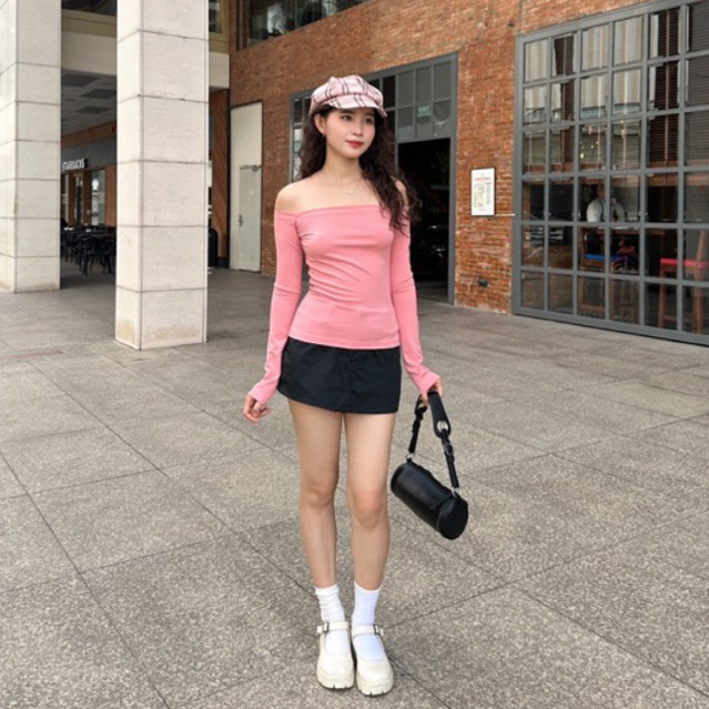 LISA DEROSE LONGSLEVES - Áo thun gân trơn trễ vai hai bên