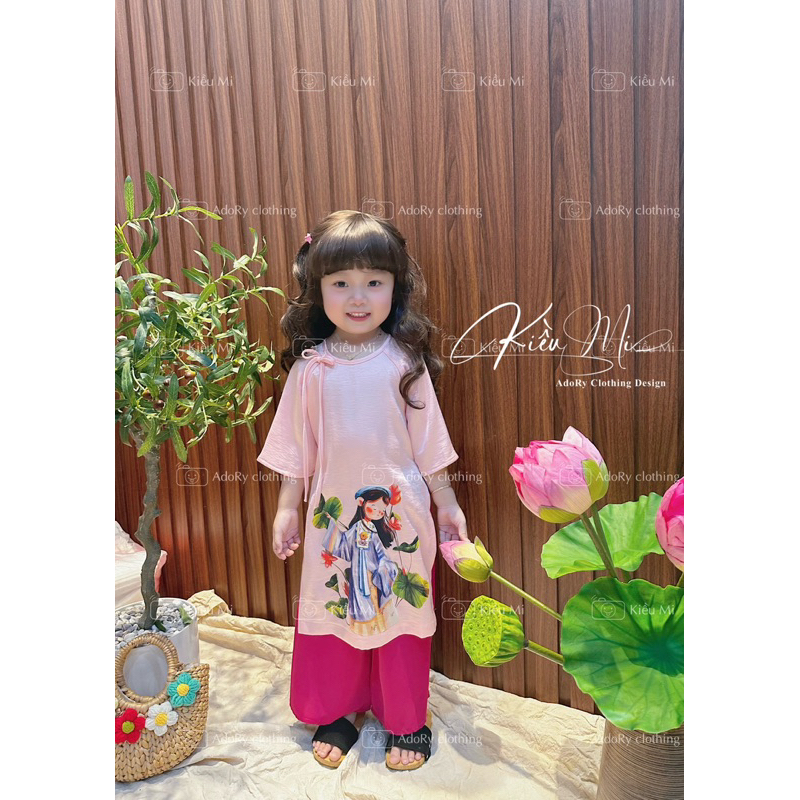 Áo dài cách tân lụa in hình cho bé 8-42kg