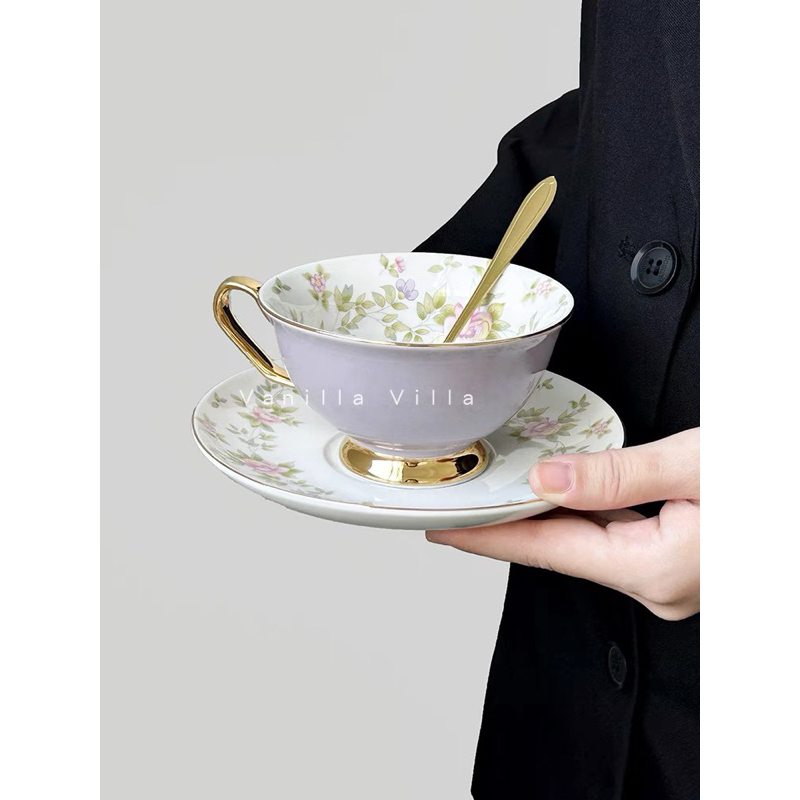 Set tách trà gốm sứ hoa lá vintage viền vàng kim gam màu pastel