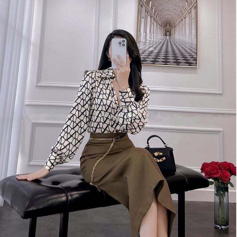 Áo sơ mi nữ lụa cao cấp không nhăn họa tiết V phong cách thời trang công sở A46