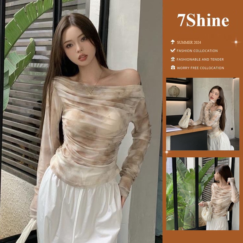 Áo thun nữ dài tay màu loang lệch, áo nữ trễ vai dài tay mùa thu vải lưới mỏng áo ngắn gợi cảm