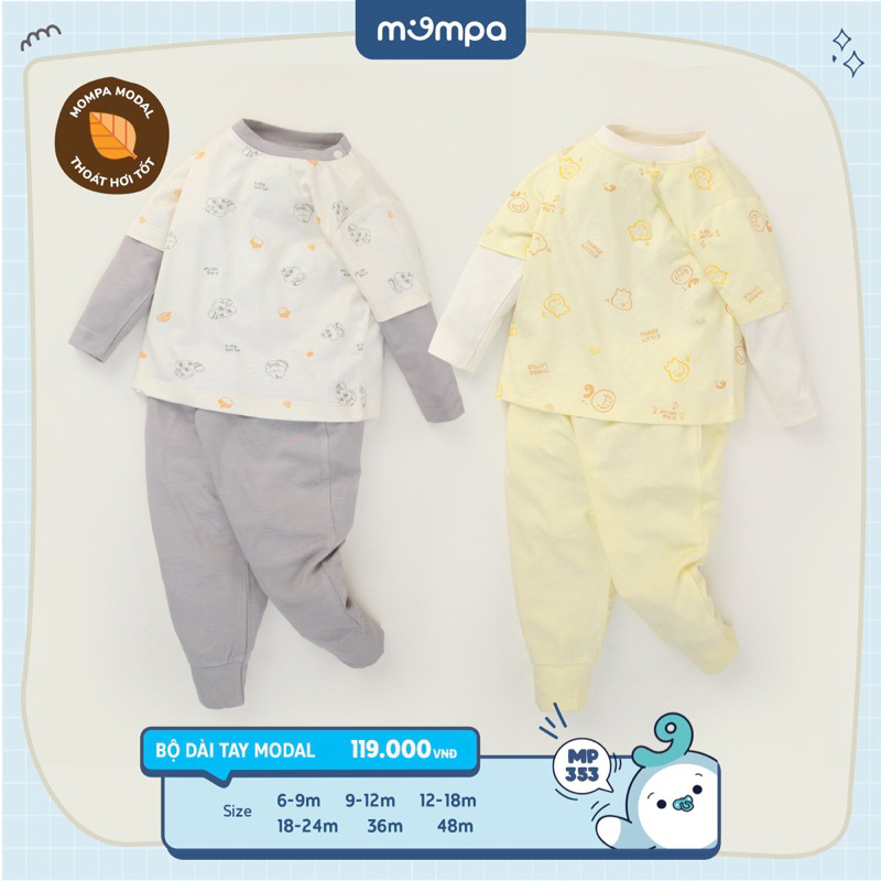 Bộ dài tay cài vai Mompa cho bé trai bé gái
