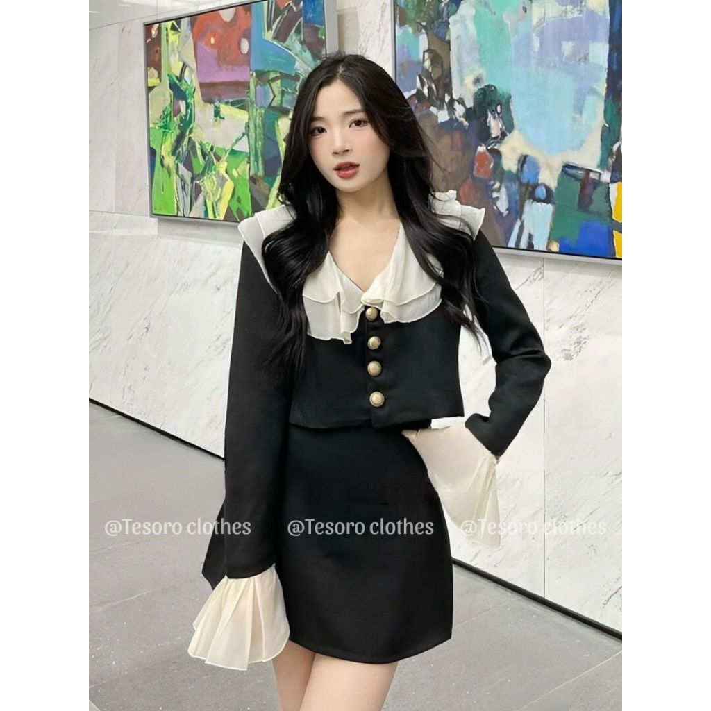 Set áo pha tay voan mix cùng chân váy đen chữ A tôn dáng @Tesoro clothes