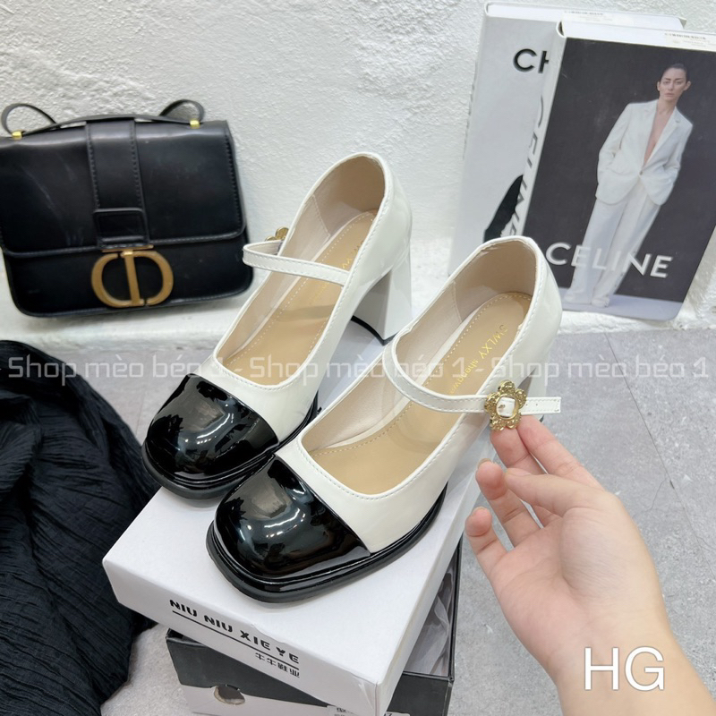 Giày cao gót mũi pha quai ngang khoá hoa cài gót trụ fullbox hàng quảng châu cao cấp