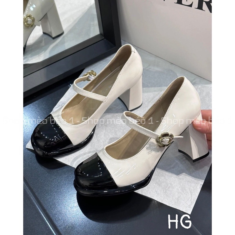 Giày cao gót mũi pha quai ngang khoá hoa cài gót trụ fullbox hàng quảng châu cao cấp