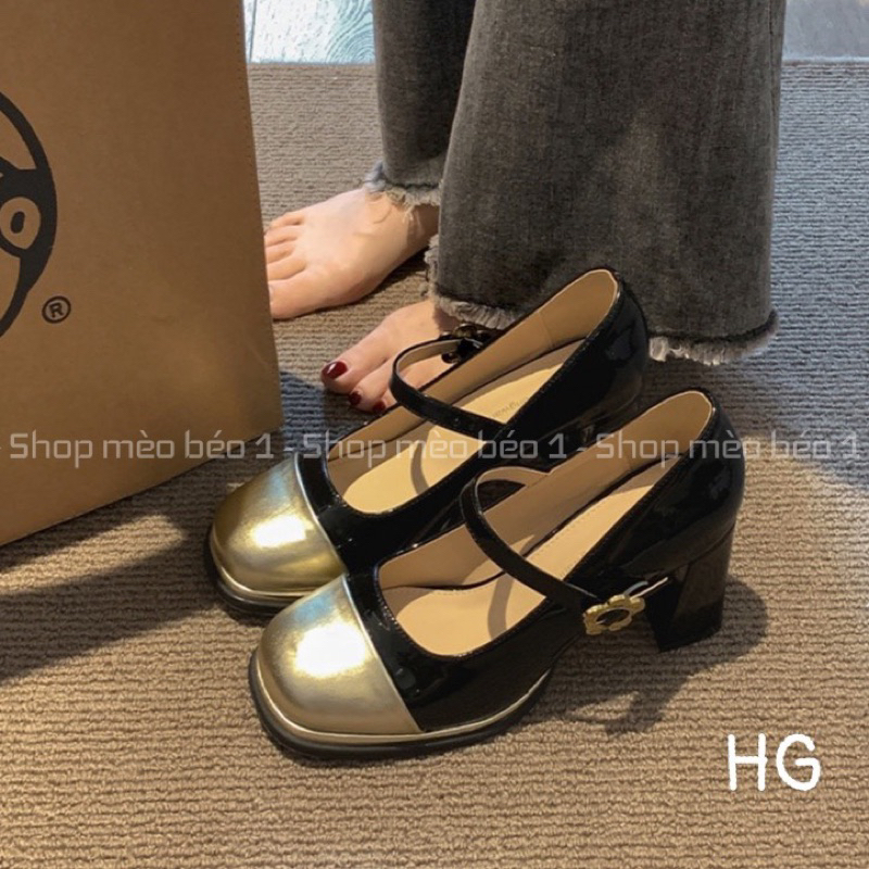 Giày cao gót mũi pha quai ngang khoá hoa cài gót trụ fullbox hàng quảng châu cao cấp