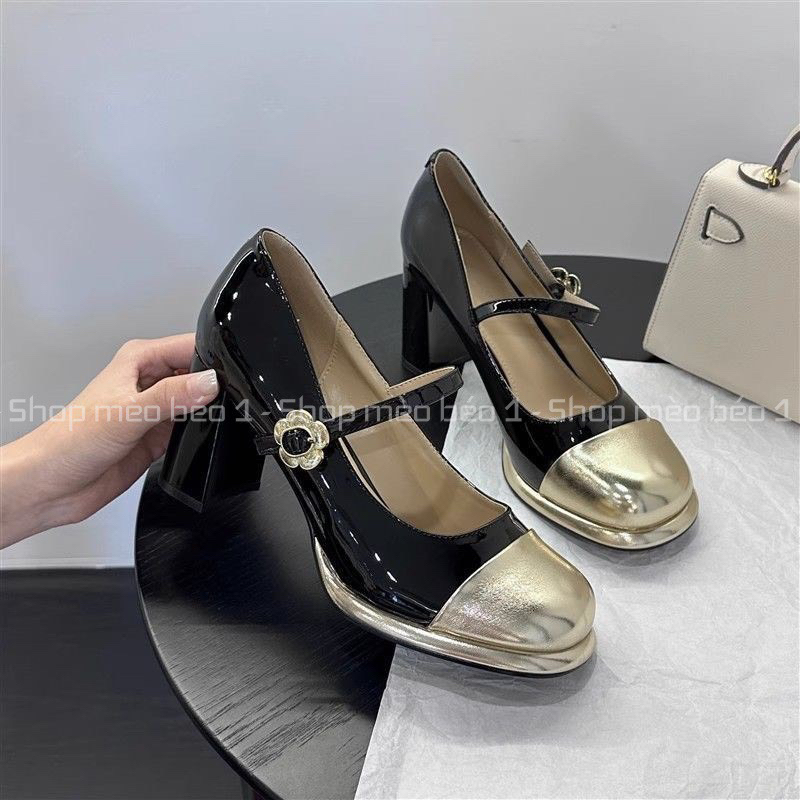 Giày cao gót mũi pha quai ngang khoá hoa cài gót trụ fullbox hàng quảng châu cao cấp