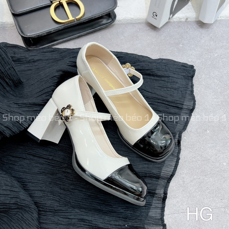 Giày cao gót mũi pha quai ngang khoá hoa cài gót trụ fullbox hàng quảng châu cao cấp
