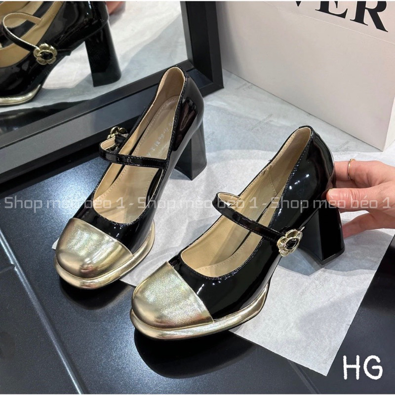 Giày cao gót mũi pha quai ngang khoá hoa cài gót trụ fullbox hàng quảng châu cao cấp