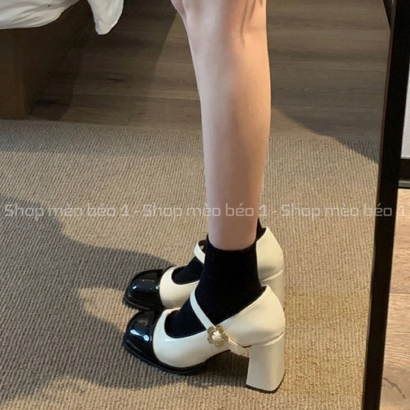 Giày cao gót mũi pha quai ngang khoá hoa cài gót trụ fullbox hàng quảng châu cao cấp