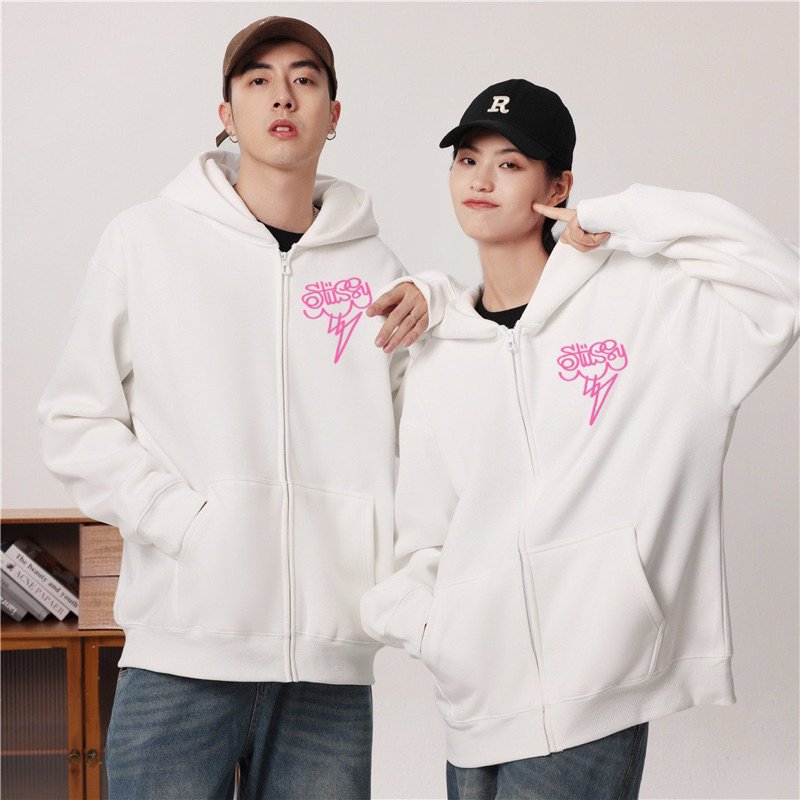 Áo Hoodie zip khoác nỉ bông Stussy đen chữ hồng hai mặt dáng rộng unisex đẹp, áo khoác nỉ khoá nam n