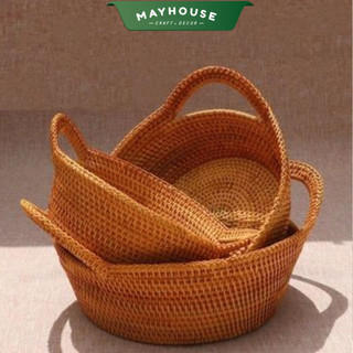 Khay mây tre đan tròn khoét tay cầm, đựng đồ, decor trang trí, phụ kiện chụp ảnh, xưởng mayhouse