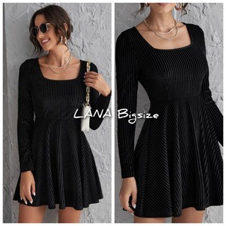 Đầm xoè thun gân tăm cổ vuông , tay dài