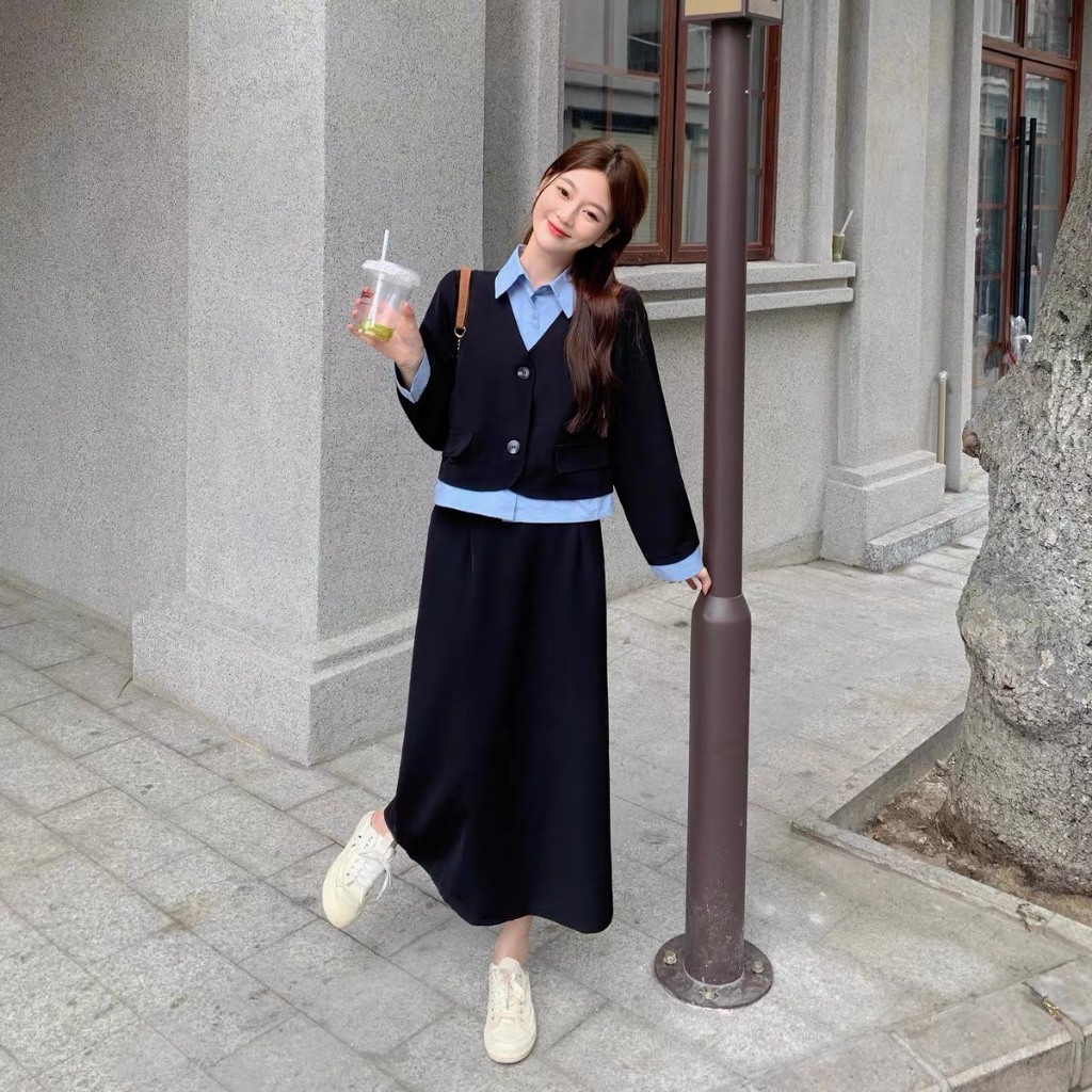 Set Áo Vest Mix Sơ Mi Và Chân Váy Dài Basic Năng Động Bộ Đồ Nữ Sinh