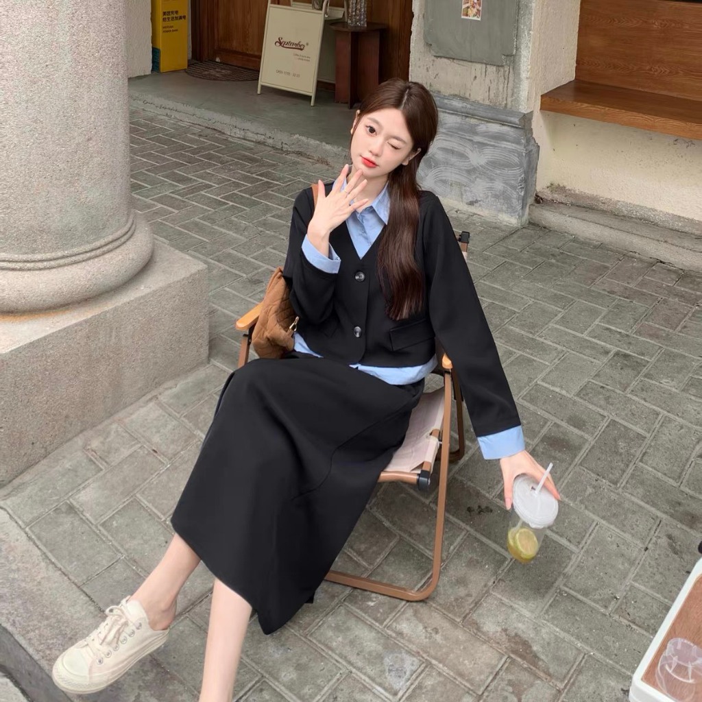 Set Áo Vest Mix Sơ Mi Và Chân Váy Dài Basic Năng Động Bộ Đồ Nữ Sinh