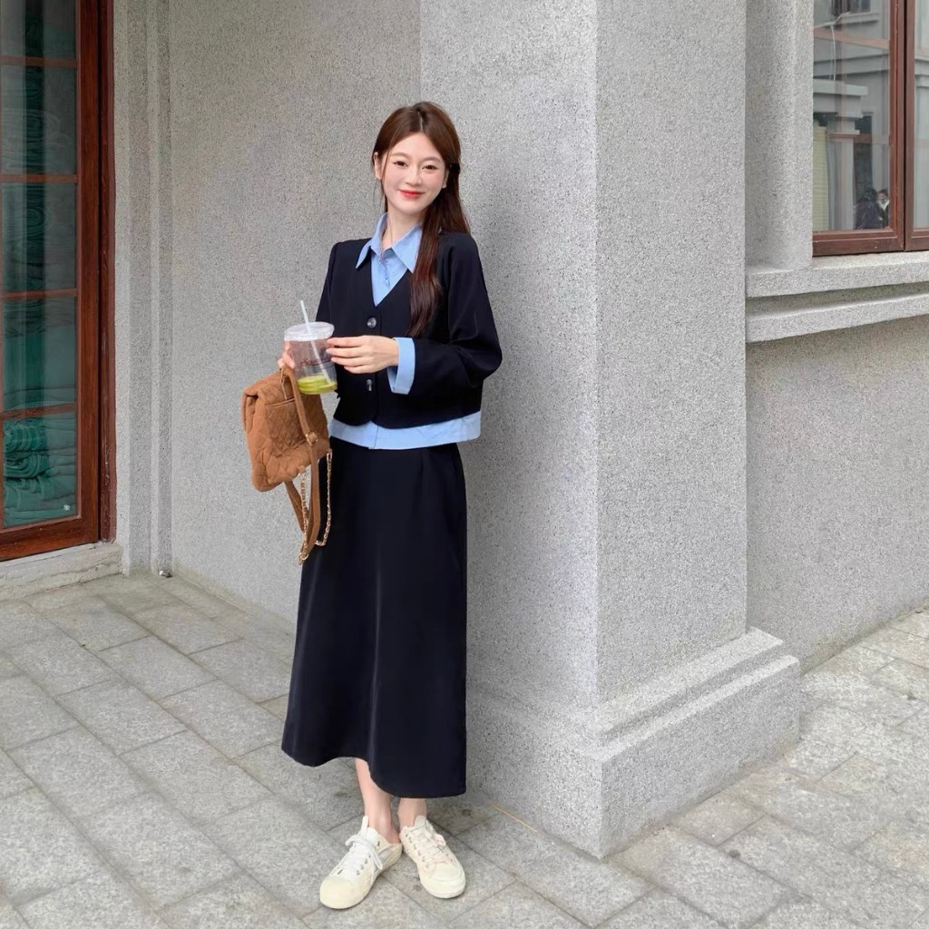 Set Áo Vest Mix Sơ Mi Và Chân Váy Dài Basic Năng Động Bộ Đồ Nữ Sinh
