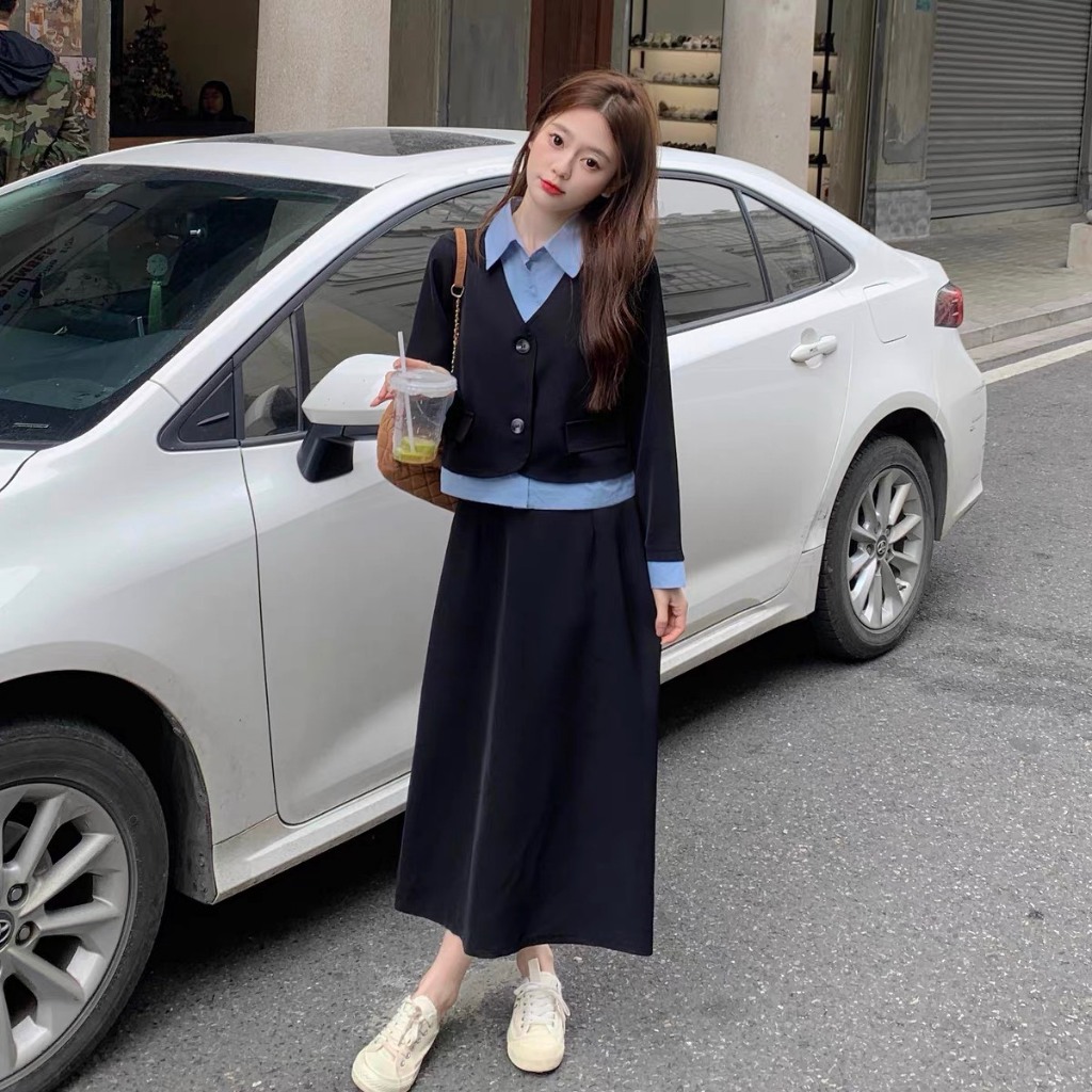 Set Áo Vest Mix Sơ Mi Và Chân Váy Dài Basic Năng Động Bộ Đồ Nữ Sinh