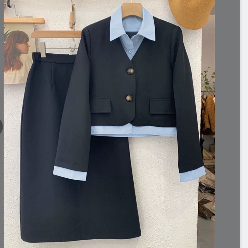 Set Áo Vest Mix Sơ Mi Và Chân Váy Dài Basic Năng Động Bộ Đồ Nữ Sinh