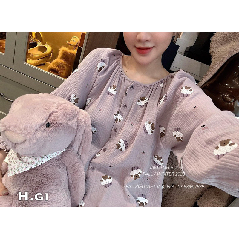 Bộ ngủ xô muslin mềm mại siêu yêu màu tím siêu cưng
