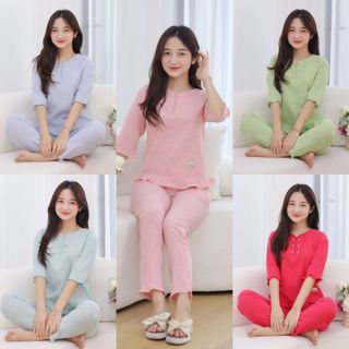 [Bunnysky] Đồ bộ mặc nhà cao cấp mẫu 6 khuy kẻ nhí không nhăn nhàu
