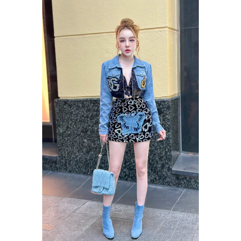 Set áo khoác jeans chân váy nhung tim DG