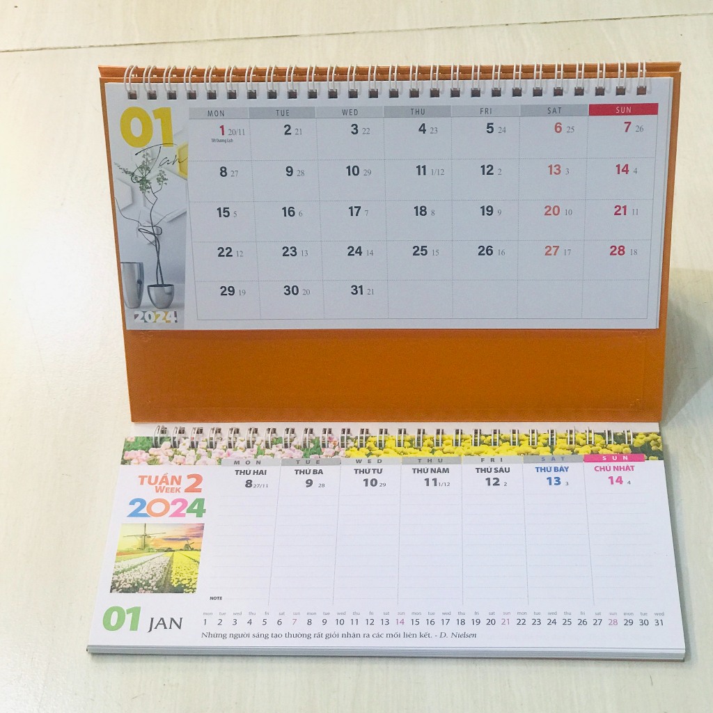 Lịch để bàn 2024 chữ M có dải note ghi chú ngày, tuần, đủ ngày âm dương [VPP Tiến Phát]