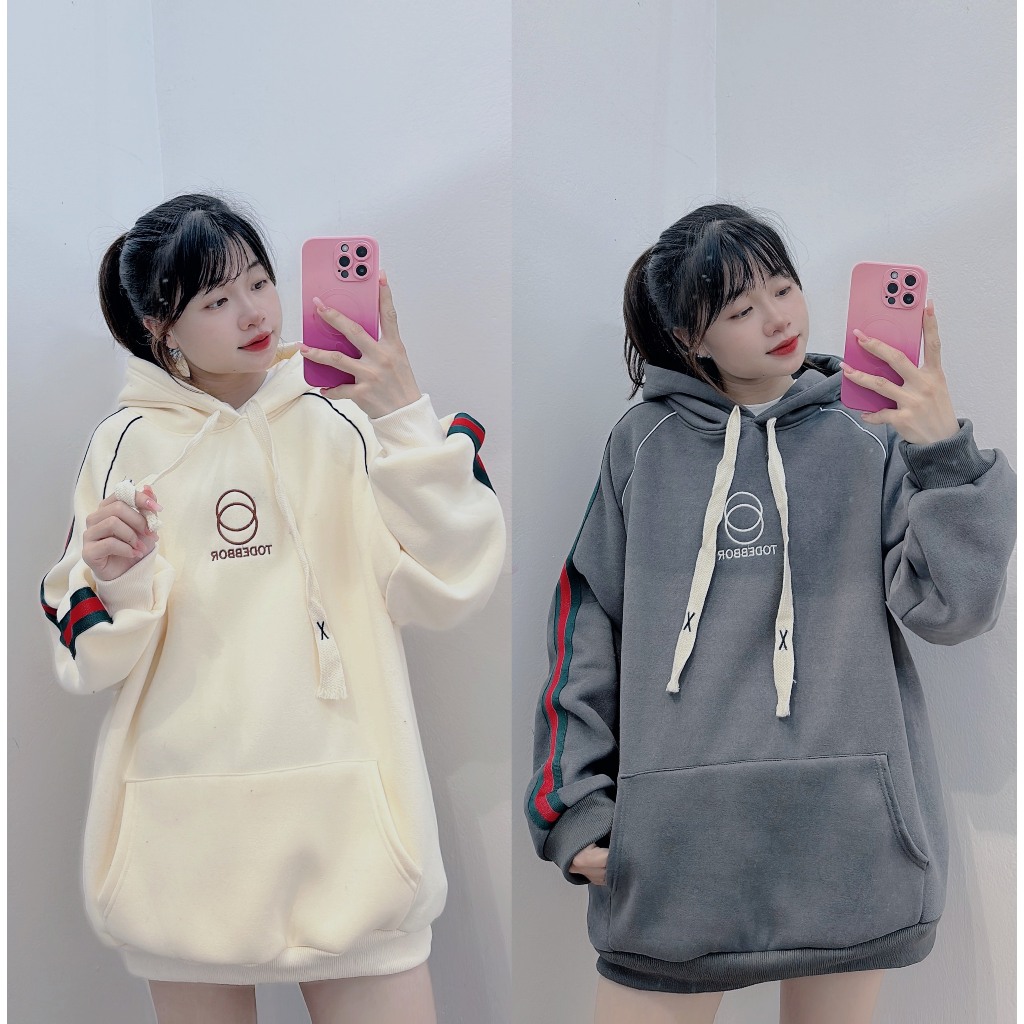 Áo Hoodie Nỉ Trần Bông Viền Sọc Phối Màu Thêu Chữ TODEB