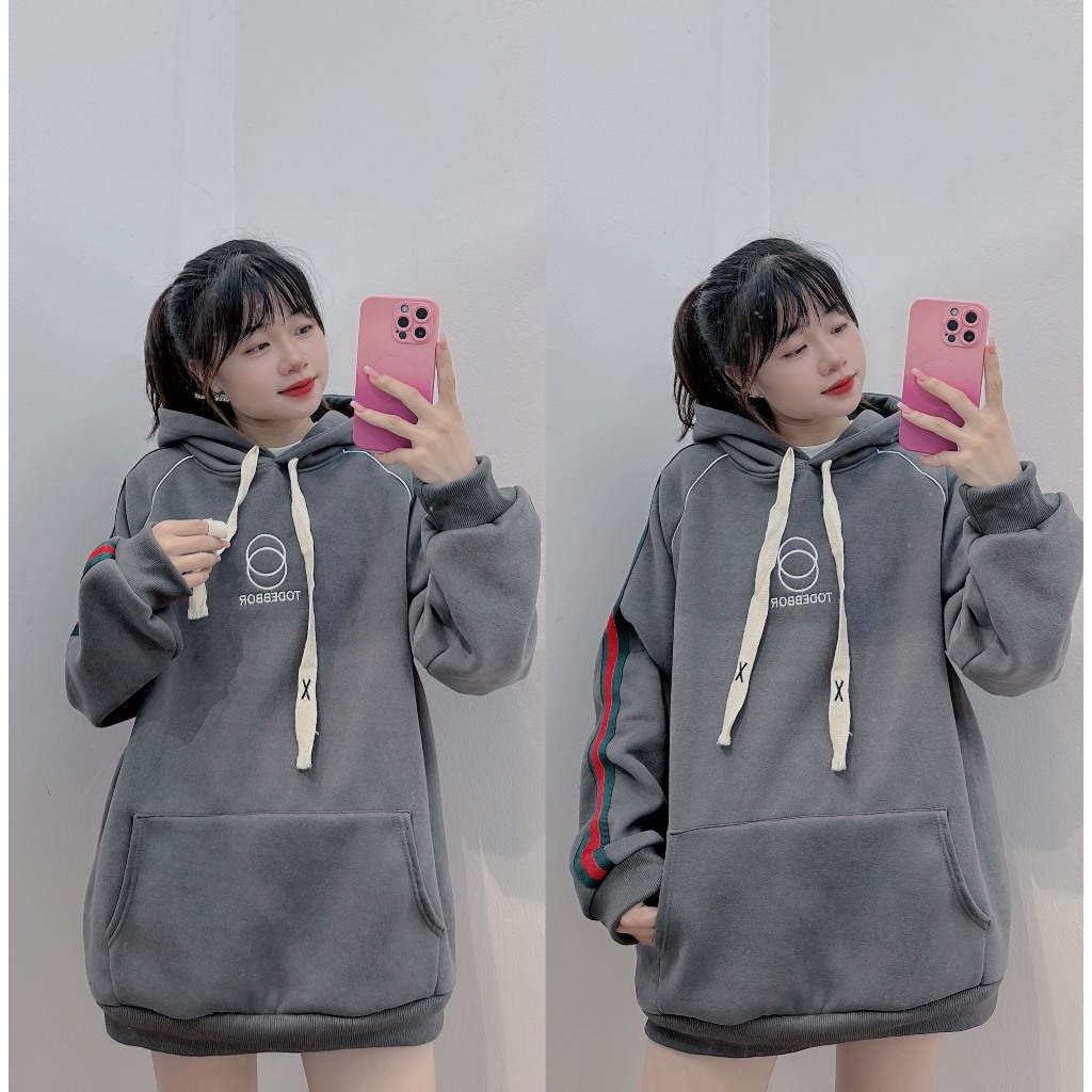 Áo Hoodie Nỉ Trần Bông Viền Sọc Phối Màu Thêu Chữ TODEB