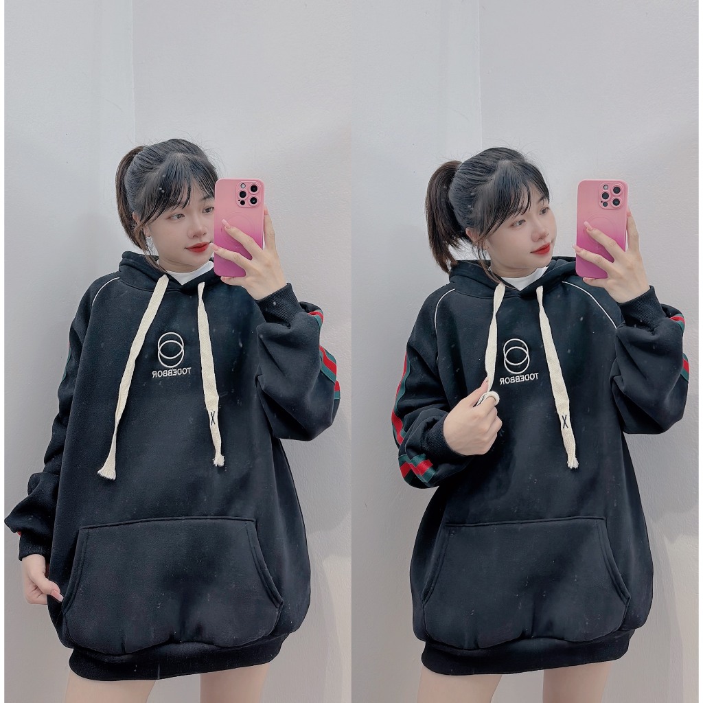 Áo Hoodie Nỉ Trần Bông Viền Sọc Phối Màu Thêu Chữ TODEB