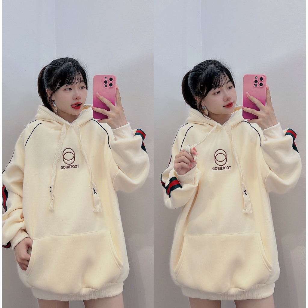 Áo Hoodie Nỉ Trần Bông Viền Sọc Phối Màu Thêu Chữ TODEB