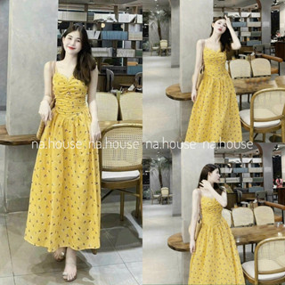 Đầm hoa nhí 2 dây dáng dài bo chun lưng đi chơi dạo phố Nahouse váy maxi đi biển voan hoa vàng thiết kế đẹp xinh sang