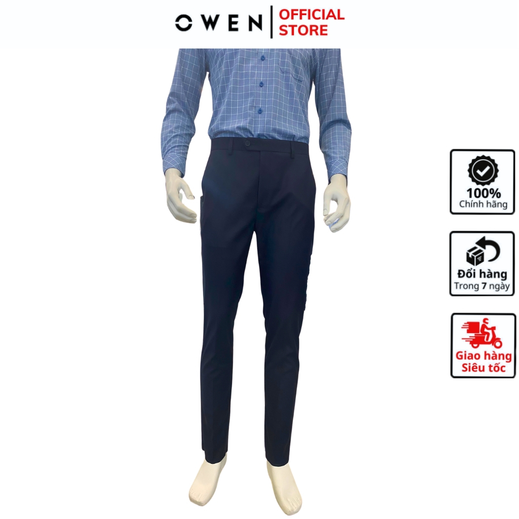 Quần âu tây nam công sở cao cấp OWEN QS231741 dáng slim fit ống ôm màu navy trơn vải polyester mềm mát