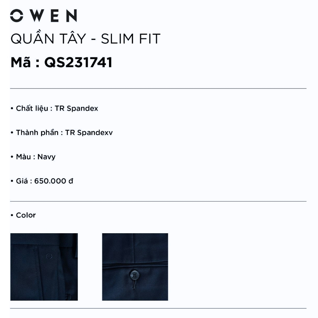Quần âu tây nam công sở cao cấp OWEN QS231741 dáng slim fit ống ôm màu navy trơn vải polyester mềm mát