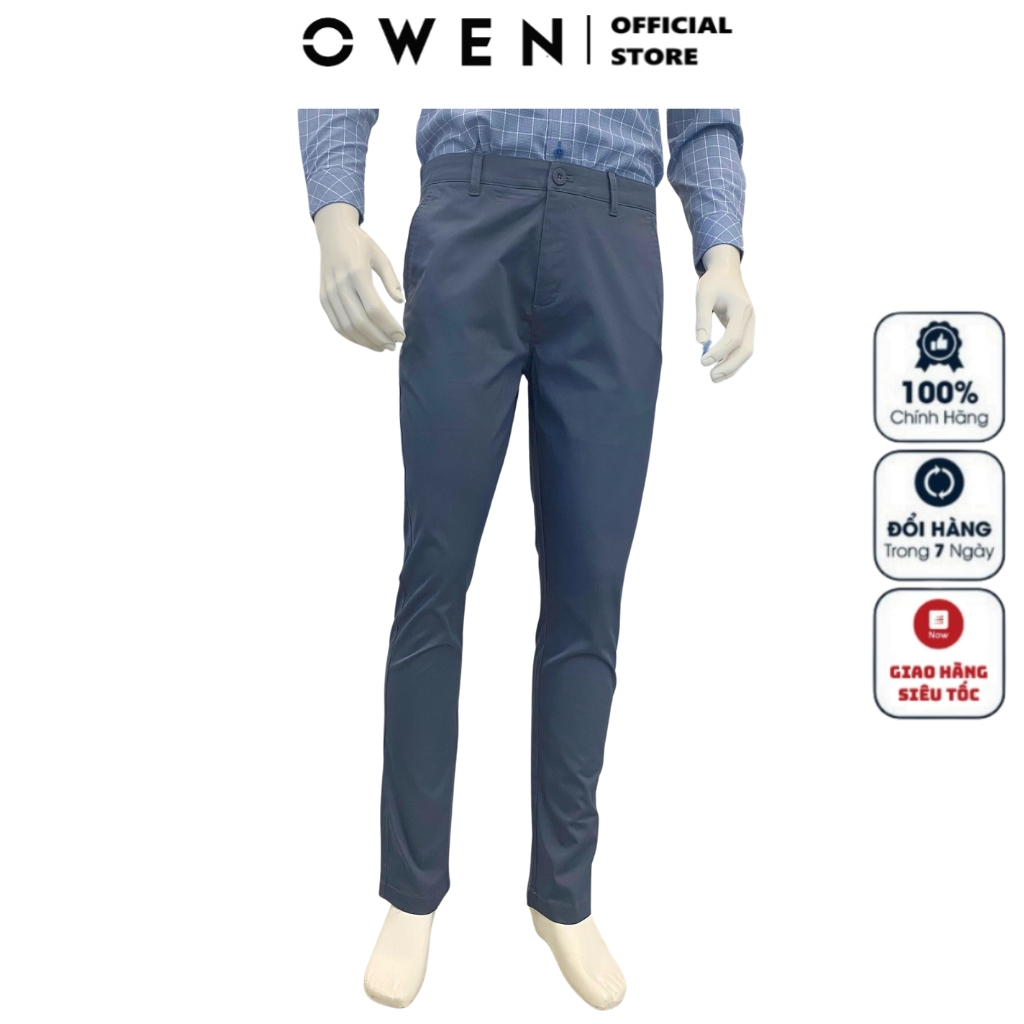 Quần kaki nam Owen QKSL231306 quần dài cao cấp màu xanh đá trơn dáng slim fit ôm nhẹ ống côn vải thô cotton mềm mát