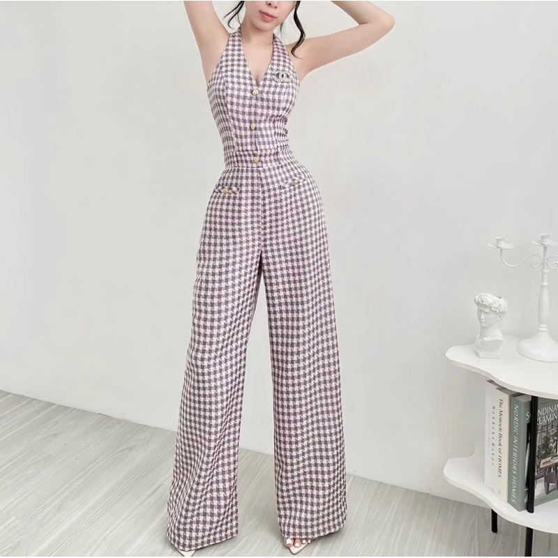 Jumpsuit dài basic kẻ