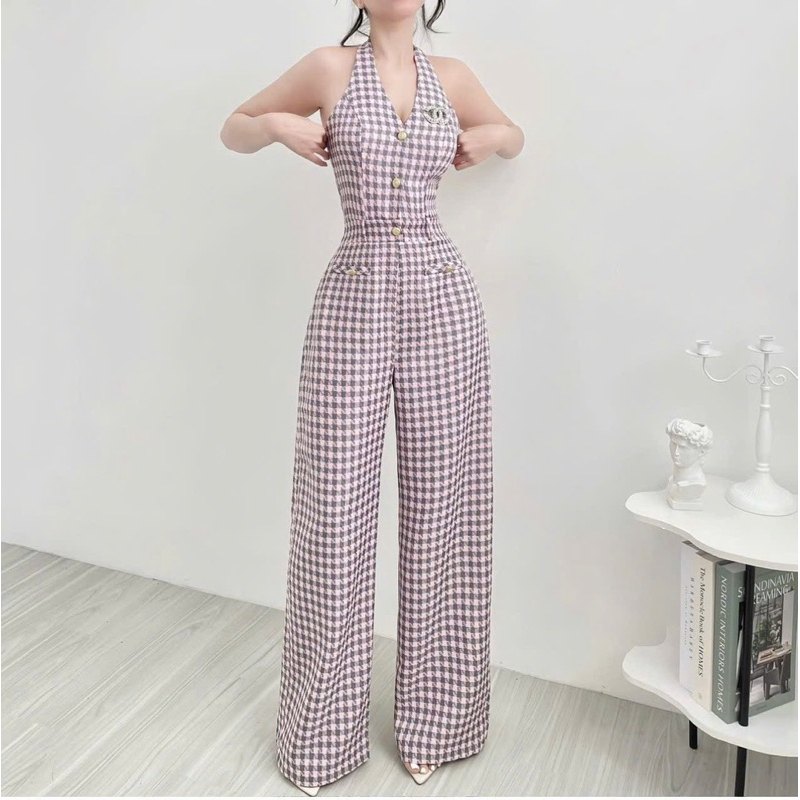 Jumpsuit dài basic kẻ