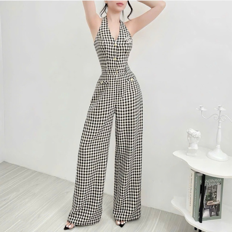 Jumpsuit dài basic kẻ